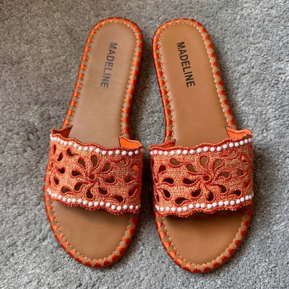 Madeline Maya Orange Floral Eyelet Beaded Slide Sandals Womens Size 7M Flat